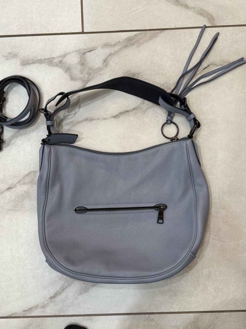 Coach Light Blue-Gray Pebble Leather Shoulder Hobo with Floral Stud Accents. - Picture 9 of 9